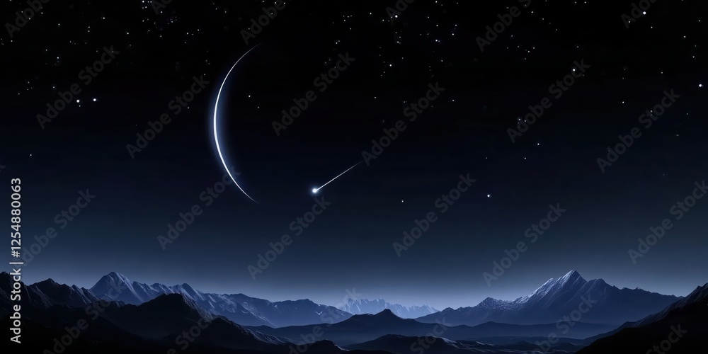 Obraz premium Amazing Night Sky Over Serene Mountain Landscape with Shooting Star and Crescent Moon