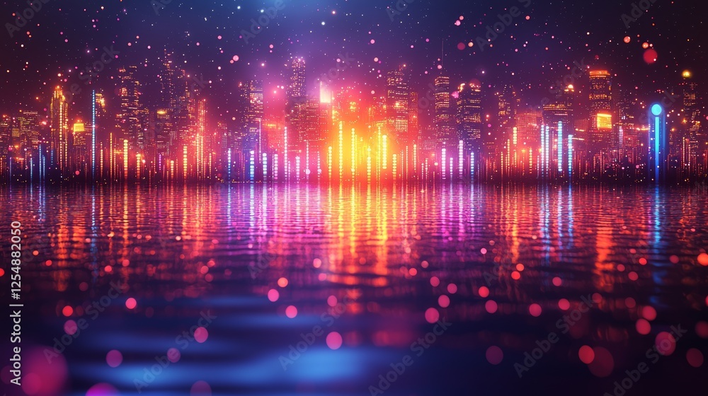Fototapeta premium Neon cityscape reflected in water, vibrant night view, suitable for background use