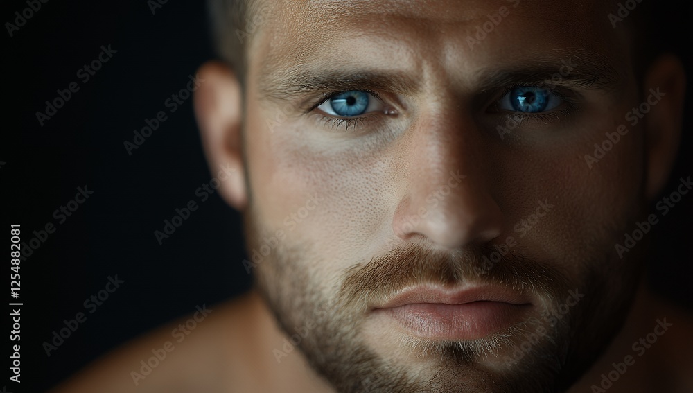Close-up portrait of a man with intense blue eyes and a short beard, showcasing his strong facial features Close-up portrait of a man with intense blue eyes and a short beard, showcasing his strong facial features