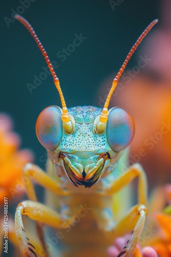 Close-up view of a colorful mantis shrimp displaying vibrant colors in its underwater habitat during a sunny day photo