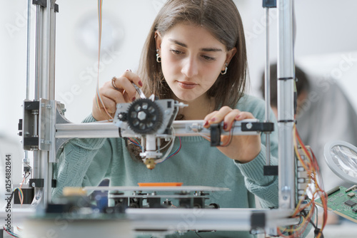 Obraz na płótnie Smart female student working with a 3D printer