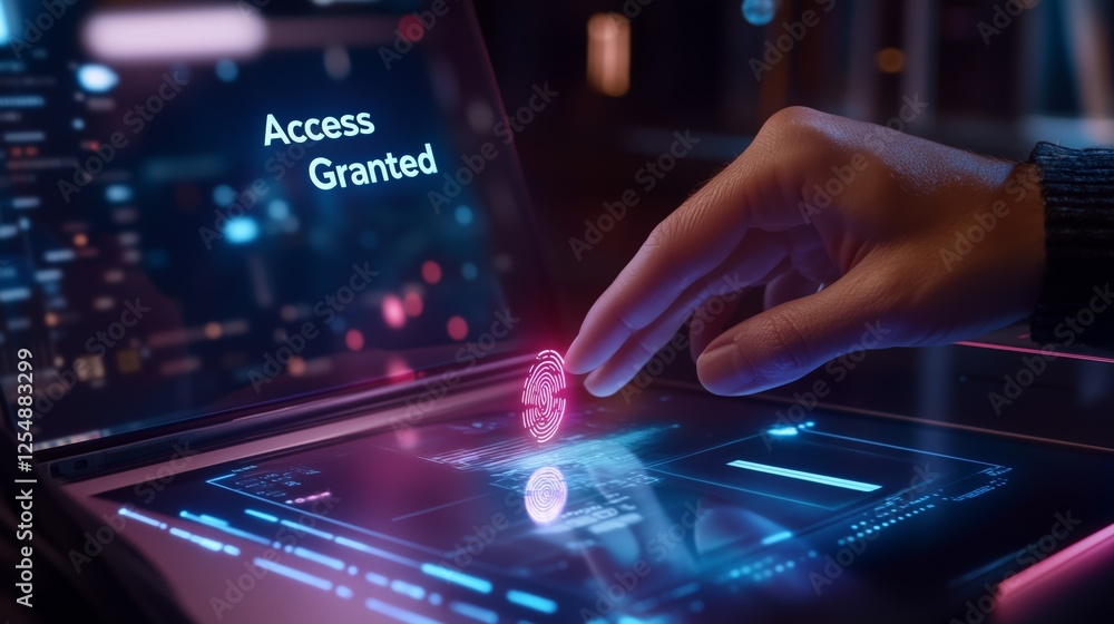 Fototapeta premium Fingerprint scanner display access granted laptop security concept. AI generated