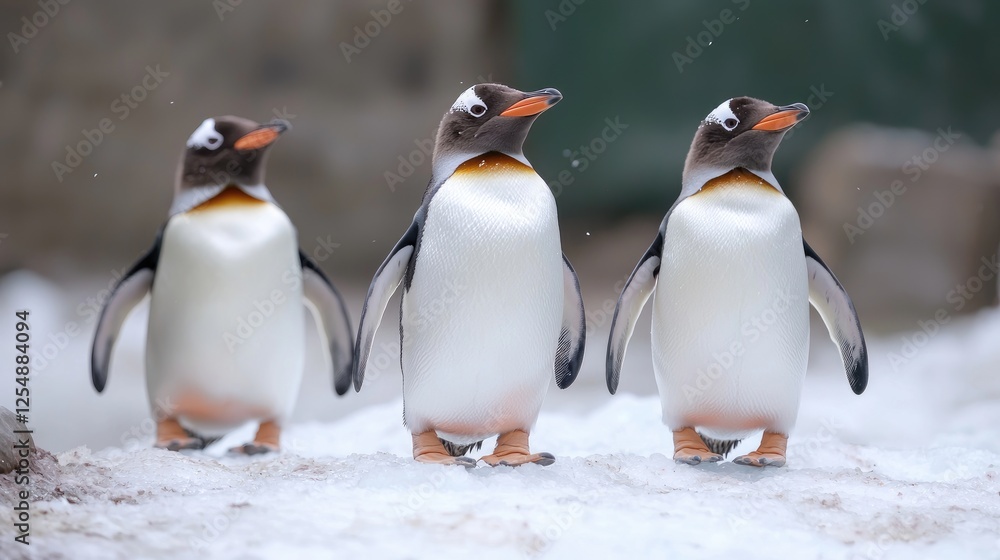 Fototapeta premium Three penguins walking on snow, zoo background, wildlife photography