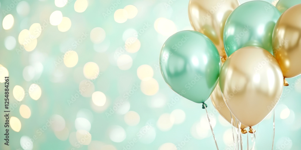 Green and gold balloons with blurred festive bokeh background celebration party decoration cheerful atmosphere Green and gold balloons with blurred festive bokeh background celebration party decoration cheerful atmosphere