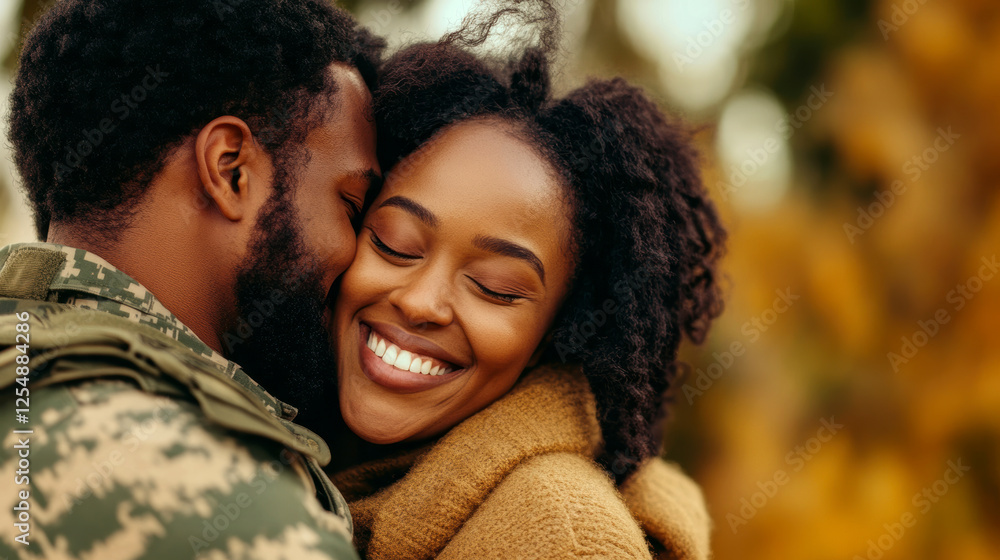 Joyful African American couple embracing in warm autumn setting with love and happiness Joyful African American couple embracing in warm autumn setting with love and happiness