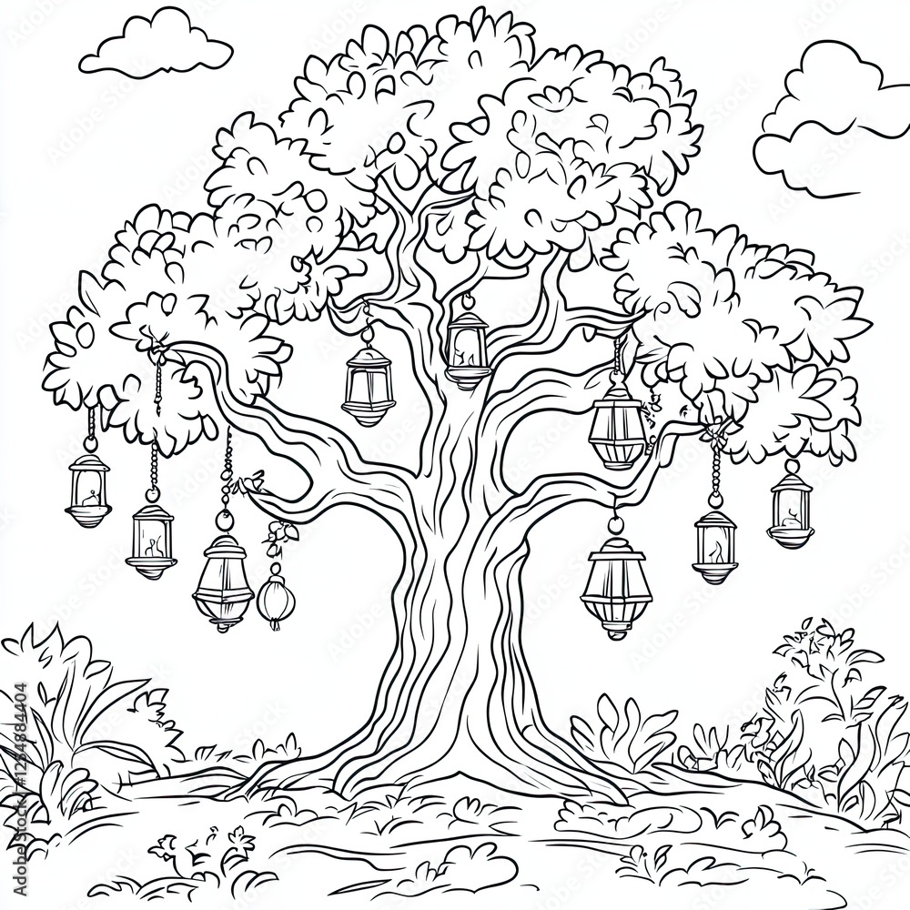 Fototapeta premium Enchanted Tree with Lanterns Magical Coloring Book Page Design