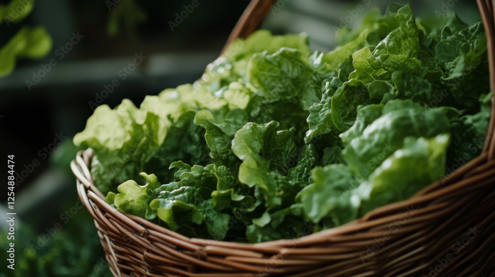 22.A closeup of butter lettuce leaves freshly harvested, placed in a wicker basket, emphasizing their crisp texture and the benefits of home-grown produce.