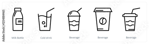 A set of 5 food icons as milk bottle, cold drink, beverage