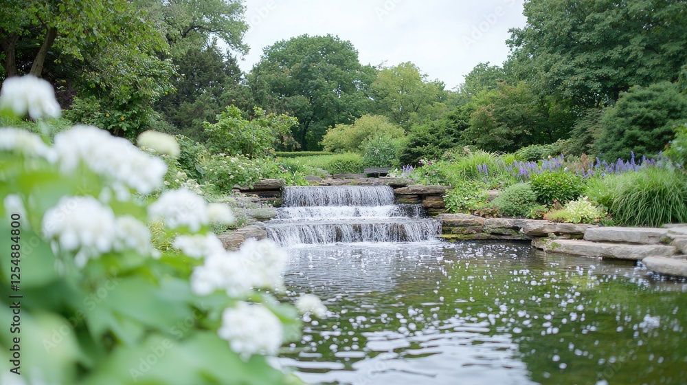 Naklejka premium Serene garden waterfall, lush greenery, peaceful background, ideal for relaxation and nature themes