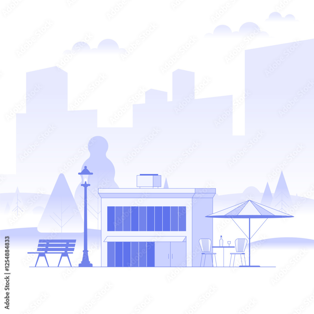 Naklejka premium Business real estate investment. Commercial property in the park. Modern city building exterior. Background shows cityscape with buildings and trees. Cartoon minimal style. Vector illustration.