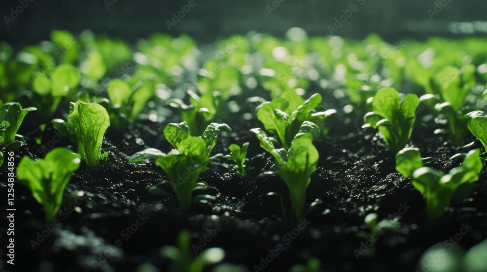 28.A lush garden bed filled with green stem lettuce crops, each plant evenly spaced and surrounded by fertile, dark soil under soft natural light. 28.A lush garden bed filled with green stem lettuce crops, each plant evenly spaced and surrounded by fertile, dark soil under soft natural light.