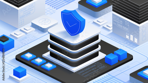 Vector illustration featuring a central shield icon atop server structures, surrounded by geometric shapes and elements symbolizing cybersecurity and data protection.