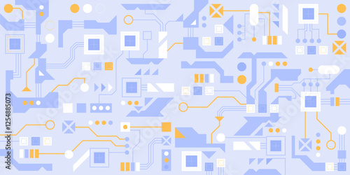 Circuit board technology background. AI semiconductor and computer processor. Abstract polygonal microchip. High-tech circuit board connection system concept. Vector abstract technology illustration.