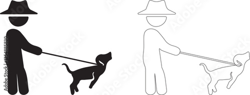 Dog on the leash breaks and barks. Bad behavior on the street. Zoo aggression vector icon. Cynology and training badge. Owner is walking the dog.