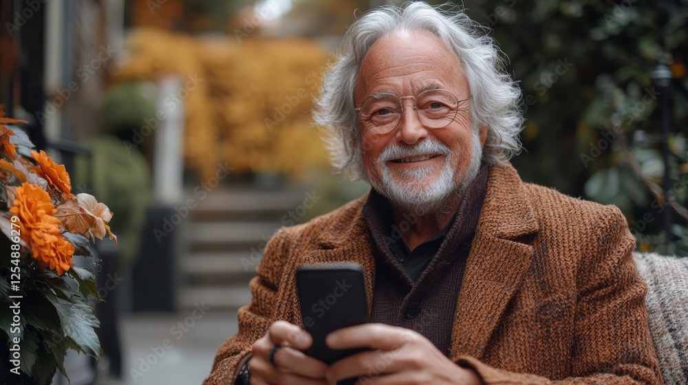 Senior man using mobile phone outdoors autumn Senior man using mobile phone outdoors autumn
