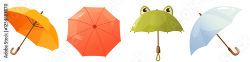 Set of open, closed, folded, closed umbrellas of different colors. Rain umbrellas for rainy weather, protective accessories of different types on a white background.