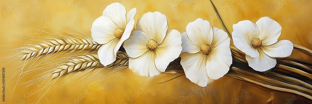 Gentle Botanical Illustration Muted Palette With Delicate Cosmos And Golden Wheat, Watercolor Style Gentle Botanical Illustration Muted Palette With Delicate Cosmos And Golden Wheat, Watercolor Style