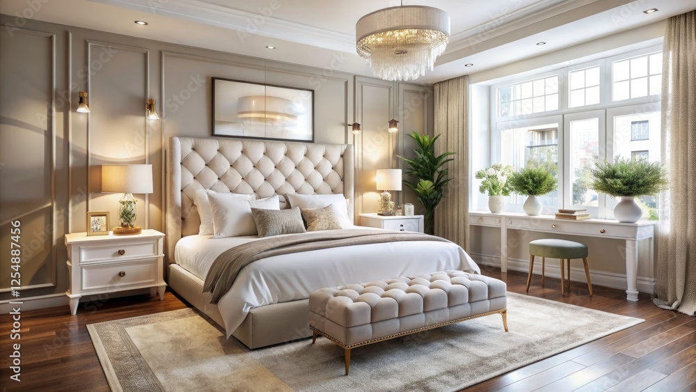 Elegant White Bed with Headboard and Comforter, Stylish Bedroom Decor with Mirror Above Bed Elegant White Bed with Headboard and Comforter, Stylish Bedroom Decor with Mirror Above Bed