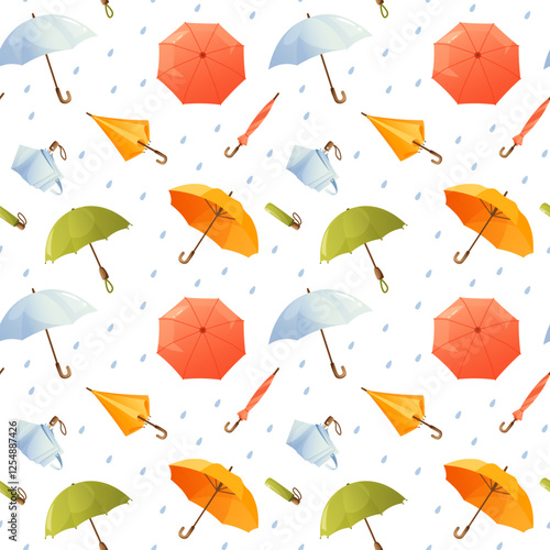 Seamless pattern with open and folded umbrellas of different colors, raindrops. Waterproof umbrellas with handles, pattern of umbrellas of different designs. Spring time, rainy weather.