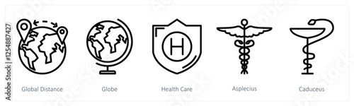 A set of 5 medical icons as global distance, globe, health care