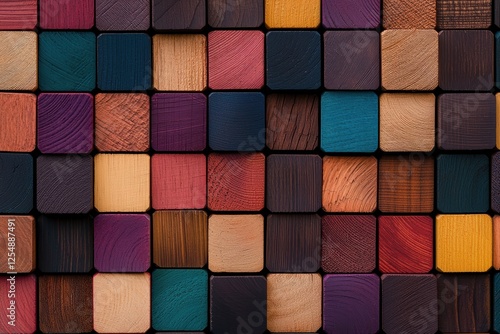 A textured arrangement of multihued wooden cubes, perfect for vibrant, playful backgrounds or creative concepts photo