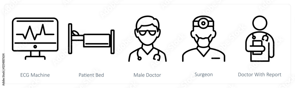 A set of 5 medical icons as ecg machine, patient bed, male doctor