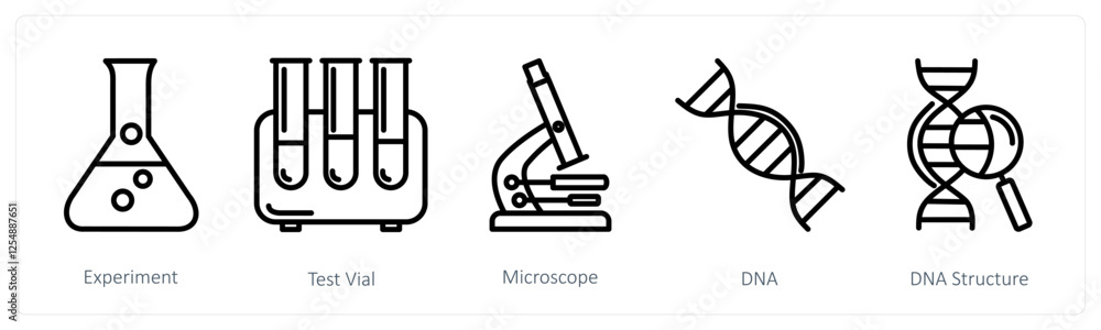 A set of 5 medical icons as experiment, test vial, microscope A set of 5 medical icons as experiment, test vial, microscope