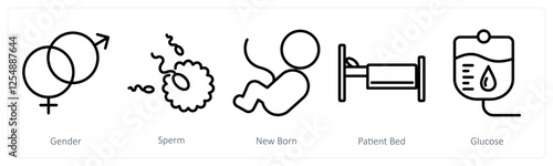 A set of 5 medical icons as gender, sperm, new born
