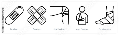 A set of 5 medical icons as bandage, leg fracture, arm fracture
