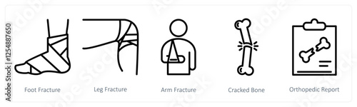 A set of 5 medical icons as foot fracture, leg fracture, arm fracture