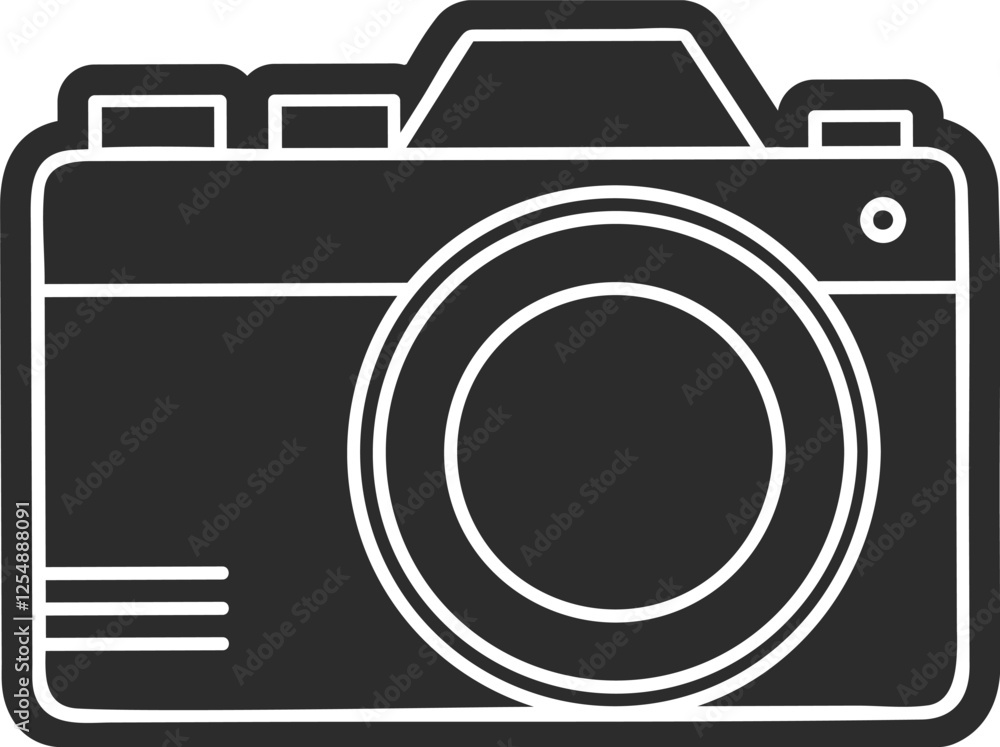 Icon of a retro camera with a large lens silhouette with a black outline.. Icon of a retro camera with a large lens silhouette with a black outline..
