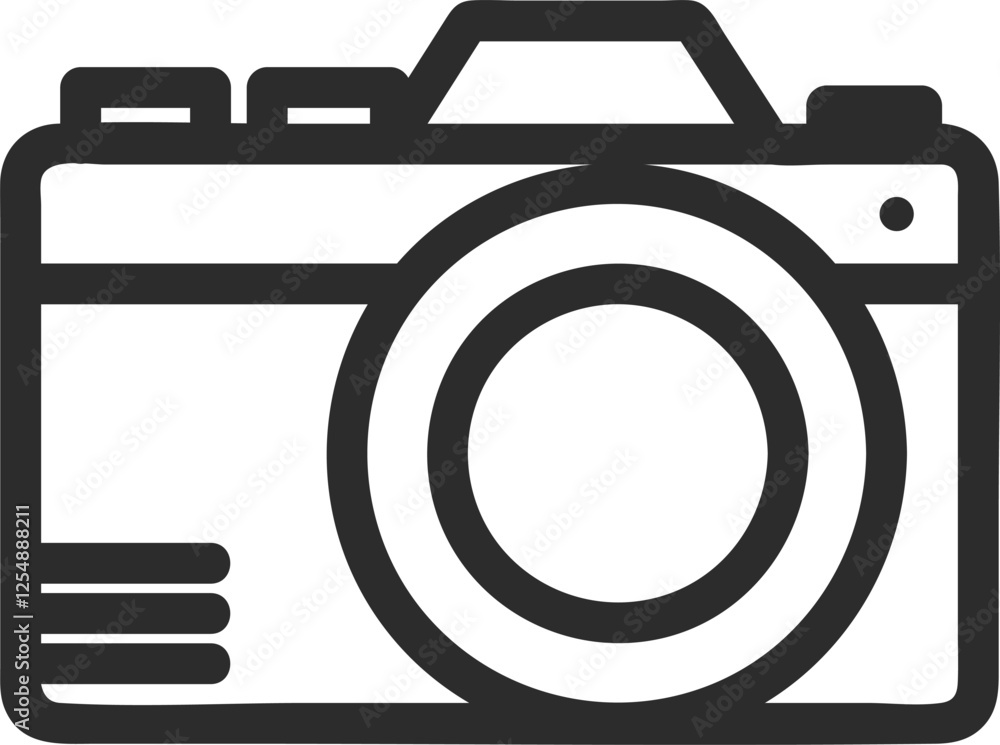 Retro camera icon with large lens black line. Retro camera icon with large lens black line.