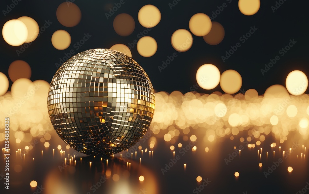 Fototapeta premium Artistic golden disco ball with intricate reflections, blending natural light with a whimsical background of glowing bokeh lights
