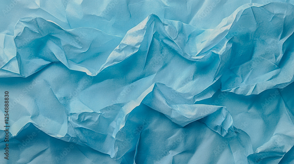 A crumpled light blue paper with various folds and creases creating a textured surface. A crumpled light blue paper with various folds and creases creating a textured surface.