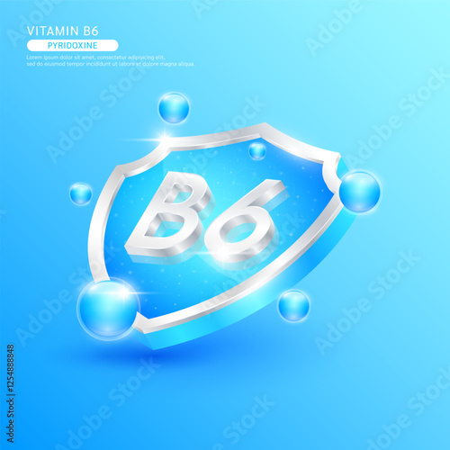 Vitamin B6 or Pyridoxine in silver shield shape and blue atom. Protect the body stay healthy. Used for nutrition products food. Medical scientific concepts. Isolated 3D Vector EPS10 illustration.