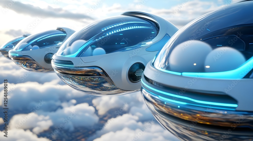 Obraz premium Futuristic Flying Cars Above Clouds - Futuristic Transportation