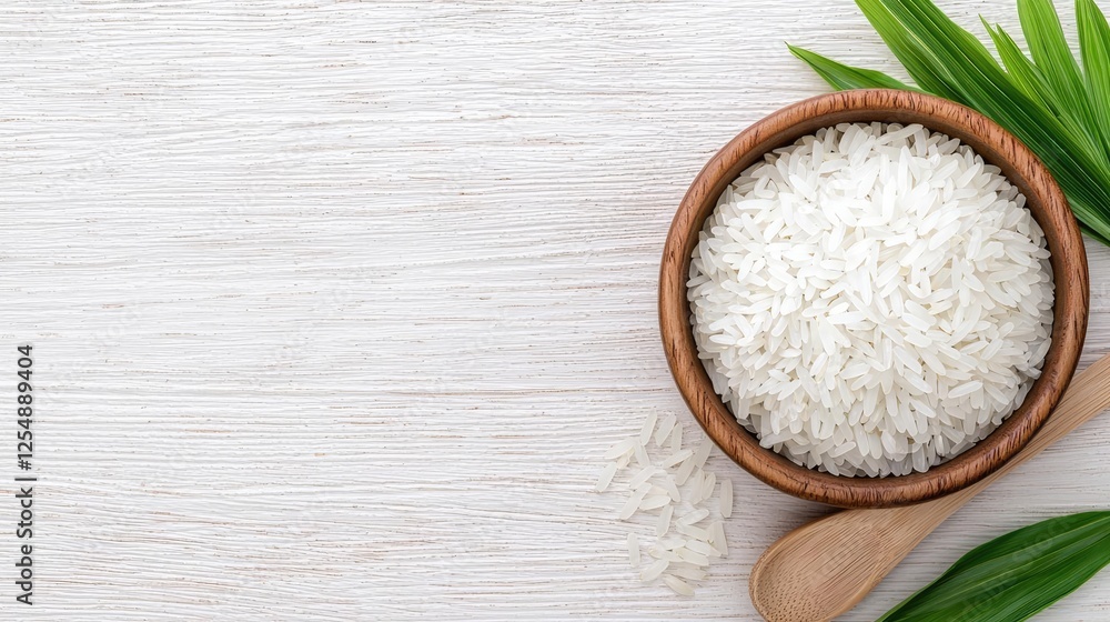 Cooked rice in bowl, wooden spoon, leaves. Food photography, website banner
