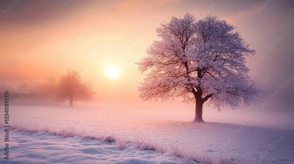 Snow-covered fields and trees evoking a serene and magical winter mood