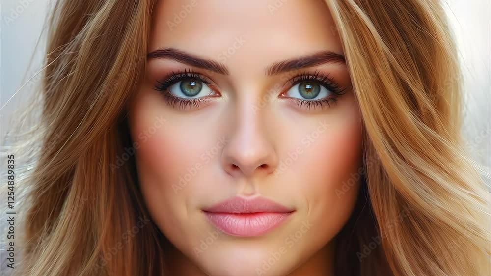 A close-up portrait of a young woman with long, wavy hair and striking green eyes, smiling softly against a blurred background. A close-up portrait of a young woman with long, wavy hair and striking green eyes, smiling softly against a blurred background.