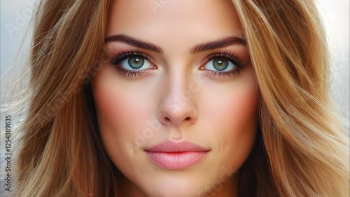 Wallpaper Mural A close-up portrait of a young woman with long, wavy hair and striking green eyes, smiling softly against a blurred background. Torontodigital.ca