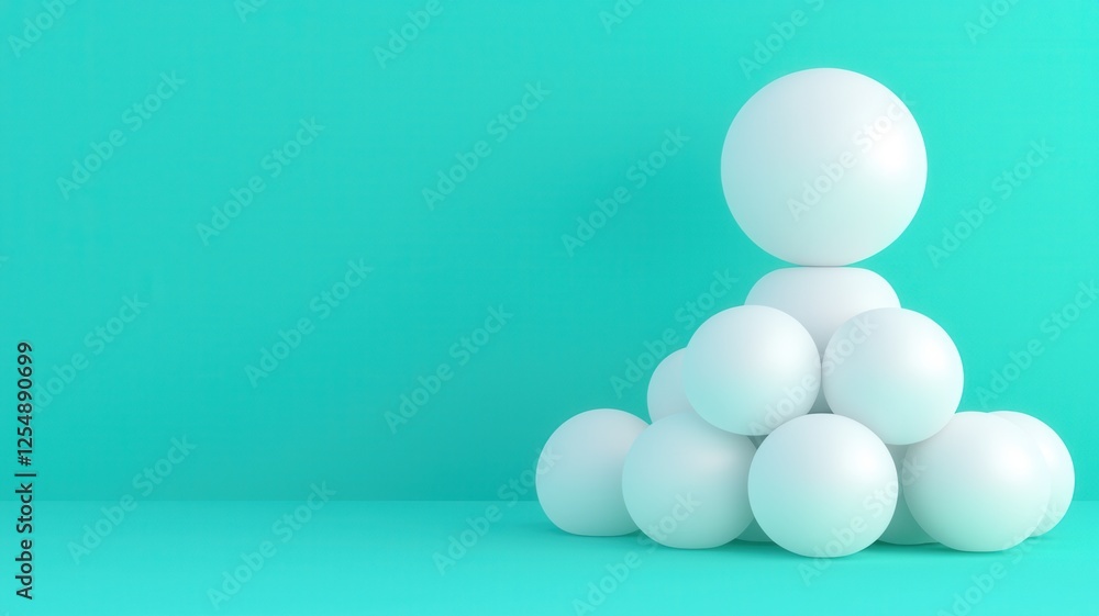 A minimalist design featuring white spheres arranged in a pyramid formation against a vibrant turquoise background. A minimalist design featuring white spheres arranged in a pyramid formation against a vibrant turquoise background.