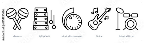 A set of 5 music icons as maracas, xylophone, musical instrument