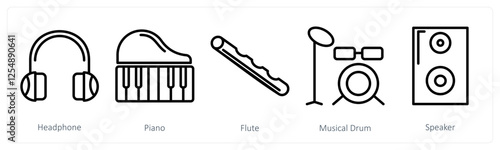 A set of 5 music icons as headphone, piano, flute