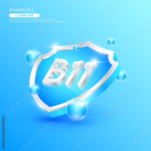 Vitamin B11 or L carnitine in silver shield shape and blue atom. Protect the body stay healthy. Used for nutrition products food. Medical scientific concepts. Isolated 3D Vector EPS10 illustration. photo