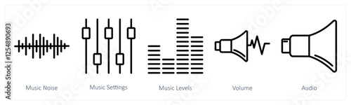 A set of 5 music icons as musis noise, music settings, music levels photo