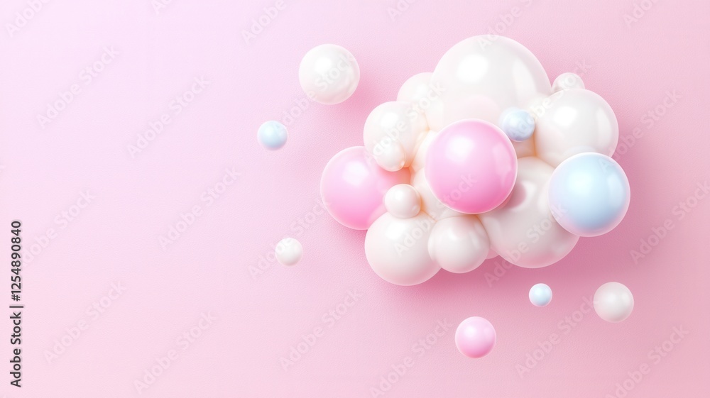 A whimsical arrangement of pastel-colored spheres on a soft pink background, resembling fluffy clouds, evoking a dreamy and playful atmosphere. A whimsical arrangement of pastel-colored spheres on a soft pink background, resembling fluffy clouds, evoking a dreamy and playful atmosphere.