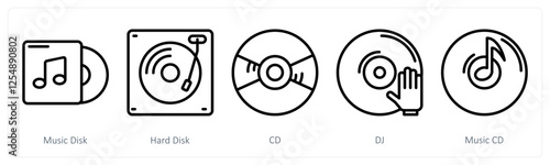 A set of 5 music icons as music disk, hard disk, cd