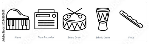 A set of 5 music icons as piano, tape recorder, snare drum