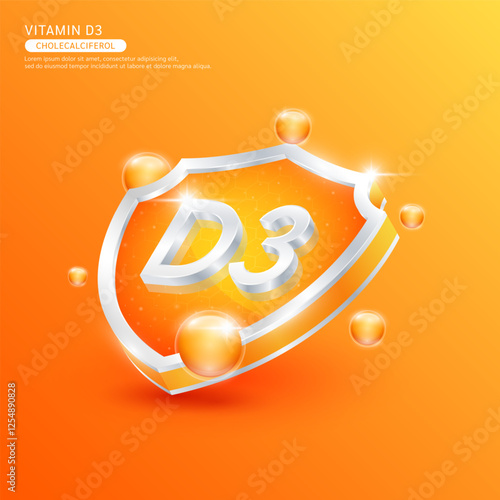 Vitamin D3 or Cholecalciferol in silver shield shape and orange atom. Protect the body stay healthy. Used for nutrition products food. Medical scientific concepts. Isolated 3D Vector EPS10.