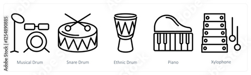 A set of 5 music icons as musical drum, snare drum, ethnic drum